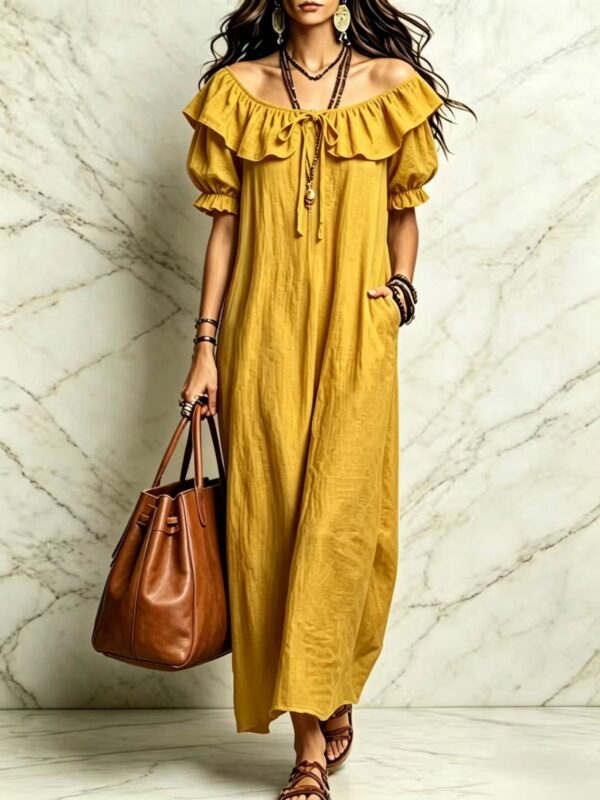Summer 2026 Women's New Round Neck Ruffled Casual Seaside Vacation Dress From Europe And America