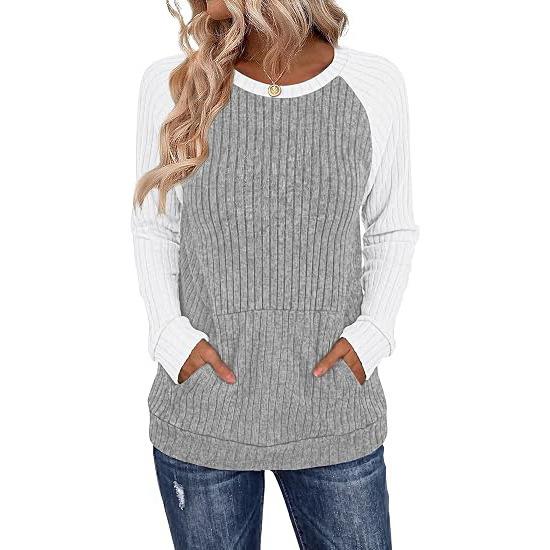 3607a6c8-a531-4b67-9c59-d048bfc390d6.jpg Round-neck Color-block Pocket Brushed Long-sleeve Loose-fitting Top
