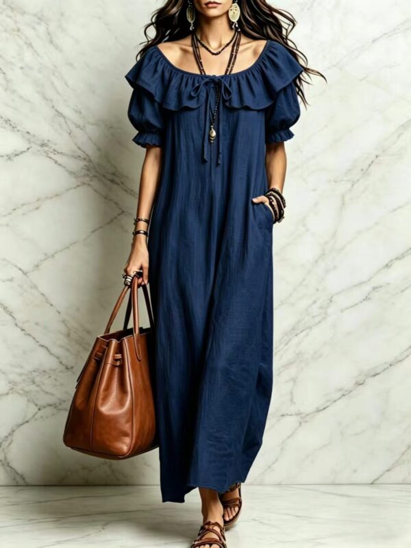 Summer 2026 Women's New Round Neck Ruffled Casual Seaside Vacation Dress From Europe And America