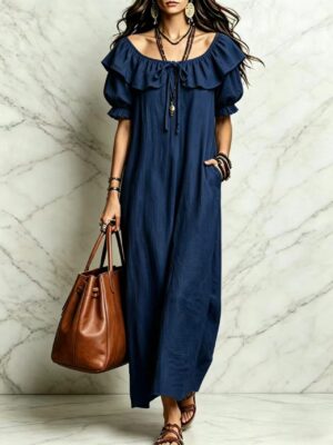 Summer 2026 Women's New Round Neck Ruffled Casual Seaside Vacation Dress From Europe And America