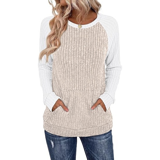 cd00b740-8ce4-4a59-8032-0a81473ec55f.jpg Round-neck Color-block Pocket Brushed Long-sleeve Loose-fitting Top