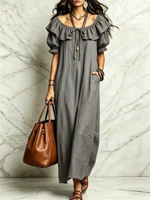 Summer 2026 Women's New Round Neck Ruffled Casual Seaside Vacation Dress From Europe And America