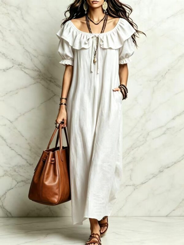 Summer 2026 Women's New Round Neck Ruffled Casual Seaside Vacation Dress From Europe And America