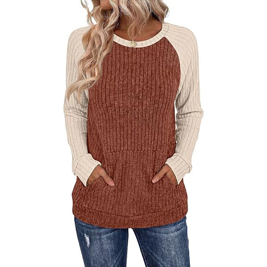 ef2f63a0-2fab-4cc2-9b5a-0ca13f6fbb1e.jpg Round-neck Color-block Pocket Brushed Long-sleeve Loose-fitting Top