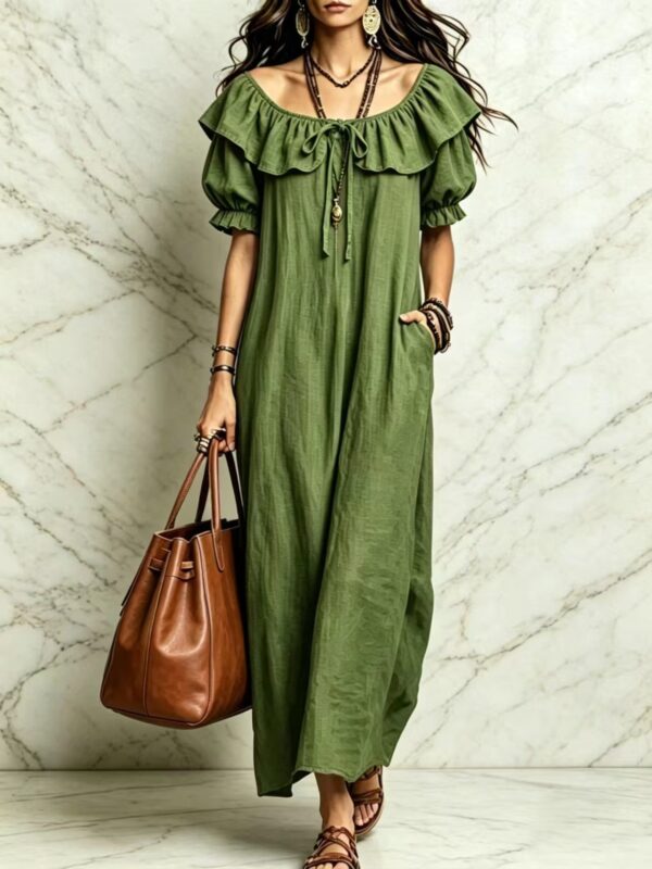 Summer 2026 Women's New Round Neck Ruffled Casual Seaside Vacation Dress From Europe And America