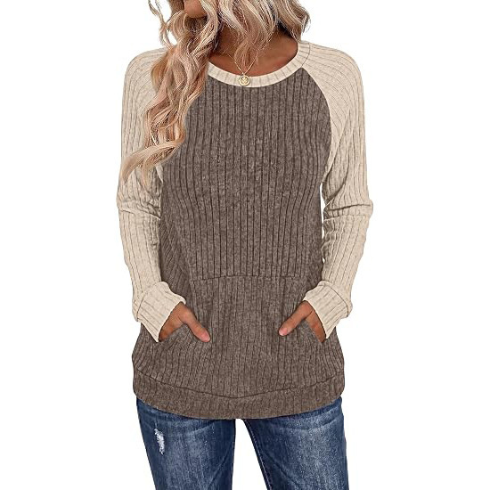 ff9e1a4d-05f5-4f3d-8989-ed808ac0a5b8.jpg Round-neck Color-block Pocket Brushed Long-sleeve Loose-fitting Top